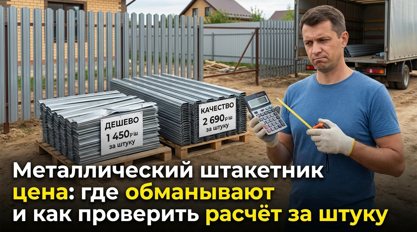 Металлический штакетник с указанием цены и информации о проверке расчёта