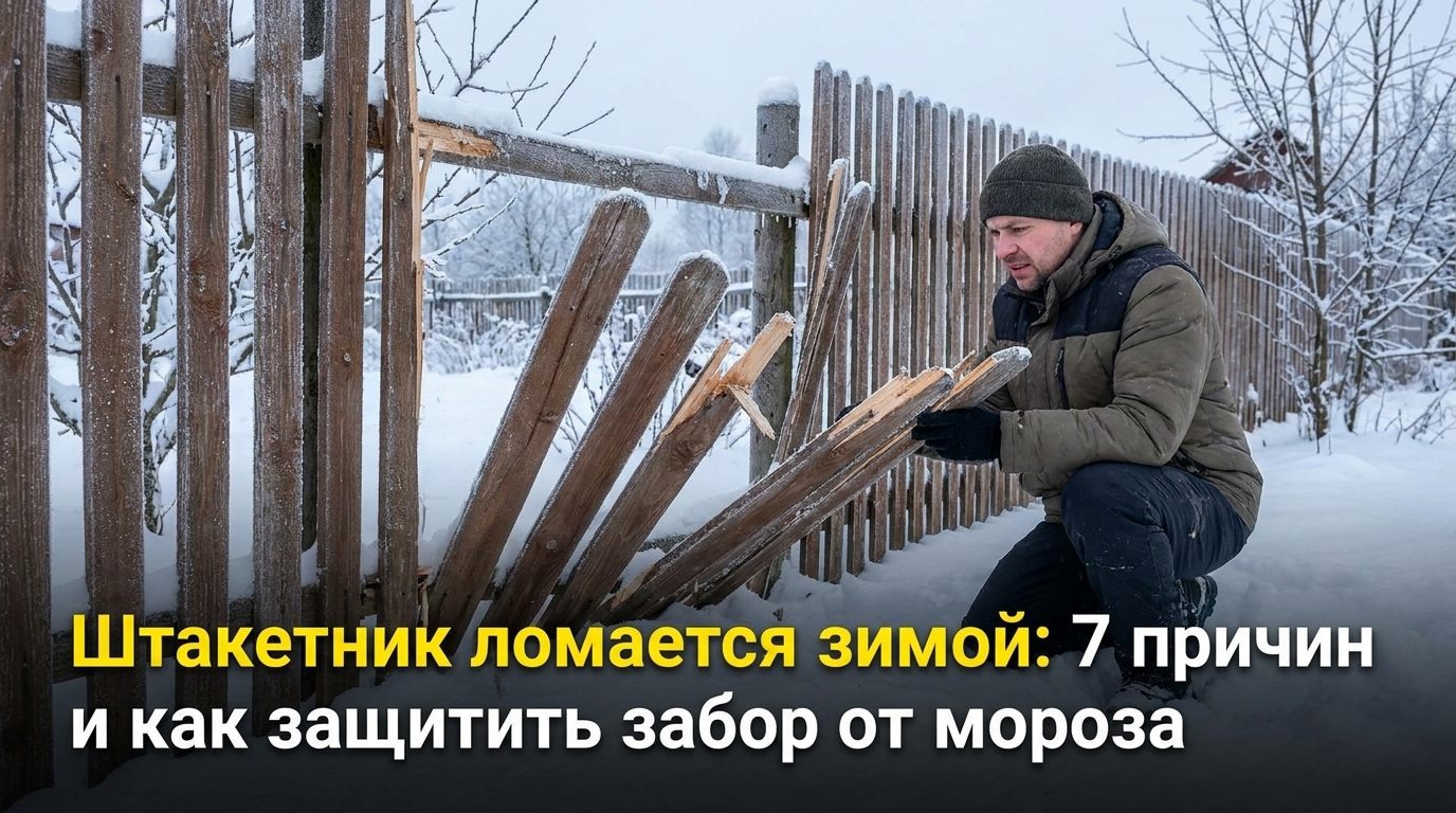 Штакетник зимой, защита забора от мороза